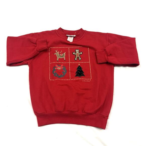Vintage 90s Christmas Sweatshirt Size S Youth Crewneck Patches Tree Reindeer Red - Picture 1 of 7